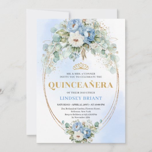 Luxury Boho Blue Floral Quinceañera 15th Birthday 招待状 (正面)