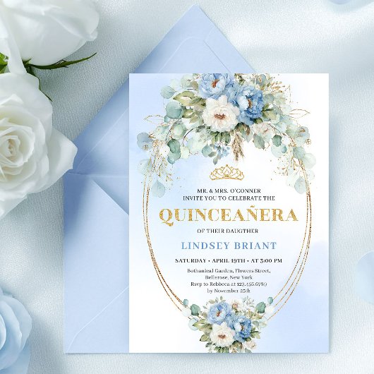 Luxury Boho Blue Floral Quinceañera 15th Birthday 招待状