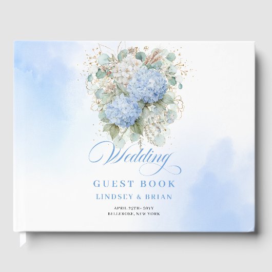 Luxury Boho Blue Hydrangeas Eucalyptus Wedding  ゲストブック (正面)