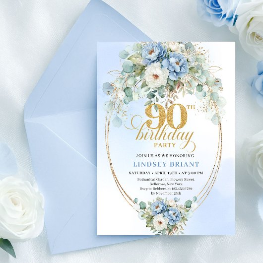 Luxury Boho Blue Peonies Eucalyptus Gold Birthday 招待状