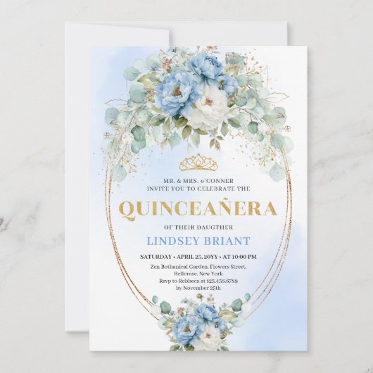 Luxury Boho Blue Peonies Quinceañera Printable 招待状 (正面)
