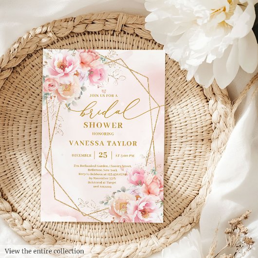 Luxury Boho Blush Gold Floral Bridal Shower Invite 招待状