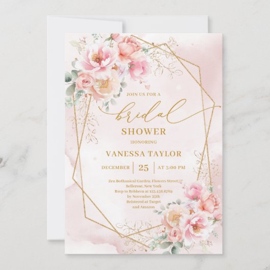 Luxury Boho Blush Gold Floral Bridal Shower Invite 招待状 (正面)