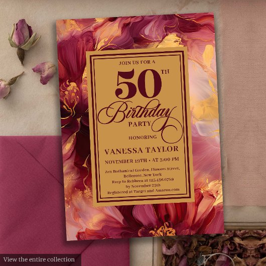 Luxury Boho Burgundy Gold Flowers 50th Birthday  招待状
