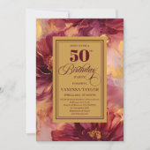 Luxury Boho Burgundy Gold Flowers 50th Birthday  招待状 (正面)