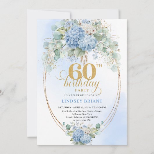 Luxury Boho Dusty Blue Flowers 60th Birthday 招待状 (正面)