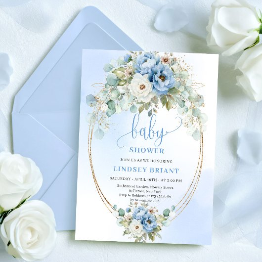 Luxury Boho Dusty Blue Greenery Gold Baby Shower 招待状