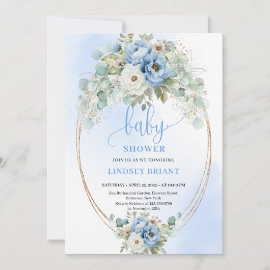 Luxury Boho Dusty Blue Greenery Gold Baby Shower 招待状 (正面)