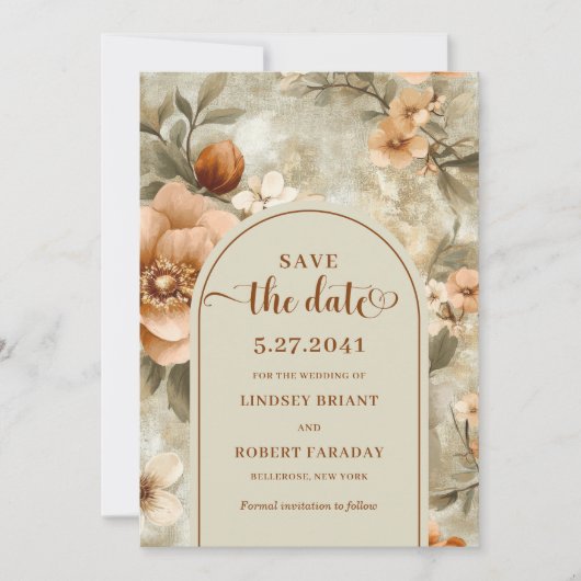 Luxury Boho Earthy Ivory Sage Floral Save the Date 招待状 (正面)