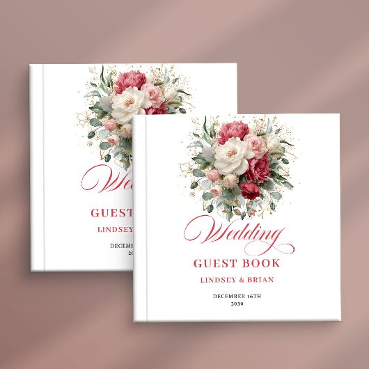 Luxury Boho Floral Red White Wedding Guest Book ゲストブック