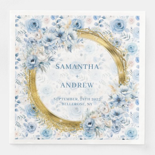 Luxury Boho Light Blue Gold Glitter Wedding Napkin (正面)