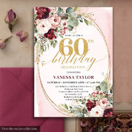 Luxury Boho Maroon Gold Floral 60th Birthday Card 招待状