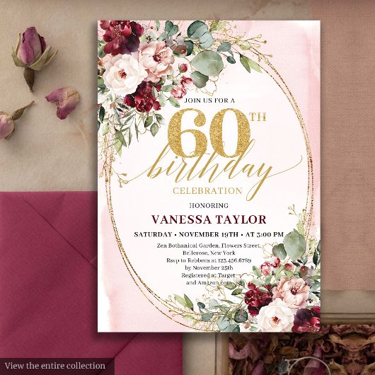 Luxury Boho Maroon Gold Floral 60th Birthday Card 招待状