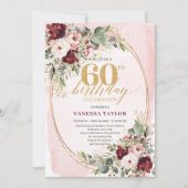 Luxury Boho Maroon Gold Floral 60th Birthday Card 招待状 (正面)