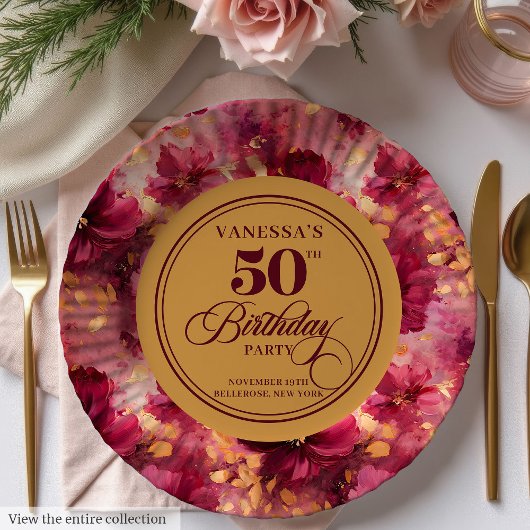 Luxury Boho Marsala Blush Gold 50th Birthday Plate ペーパープレート