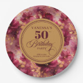 Luxury Boho Marsala Blush Gold 50th Birthday Plate ペーパープレート (正面)