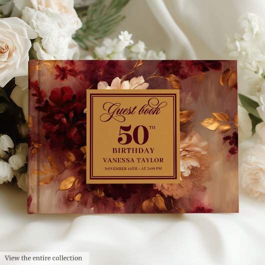 Luxury Boho Marsala Blush Gold Floral 50 Birthday ゲストブック