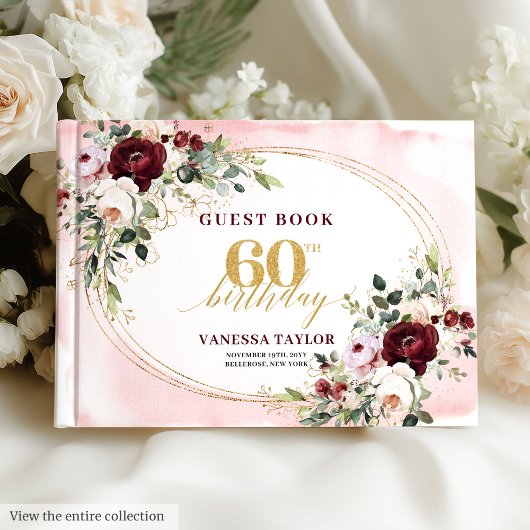Luxury Boho Marsala Gold Floral 60th Birthday ゲストブック
