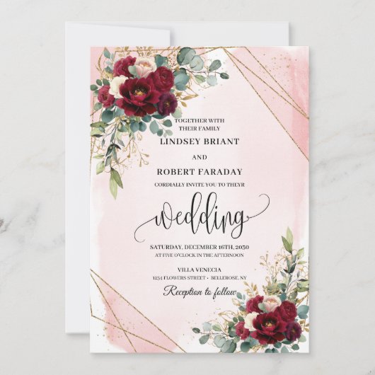 Luxury Boho Merlot Gold Blush Roses Wedding Invite 招待状 (正面)