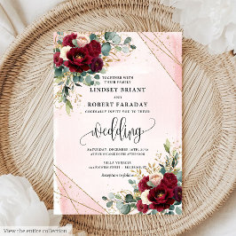 Luxury Boho Merlot Gold Blush Roses Wedding Invite 招待状