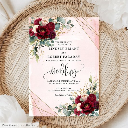Luxury Boho Merlot Gold Blush Roses Wedding Invite 招待状