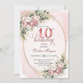 Luxury Boho Rose Gold Floral 40th Birthday Invite 招待状 (正面)