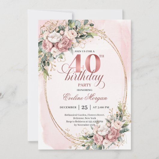Luxury Boho Rose Gold Floral 40th Birthday Invite 招待状 (正面)