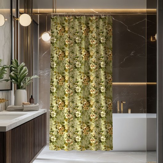 Luxury Botanical Curtain Green Gold Chic Decor シャワーカーテン