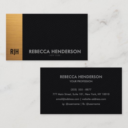 Luxury Brushed Gold & Faux Black Leather Business 名刺 (正面/裏面)