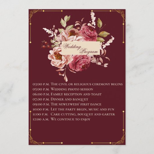 Luxury Burgundy and Gold Floral Wedding Program プログラム (正面)