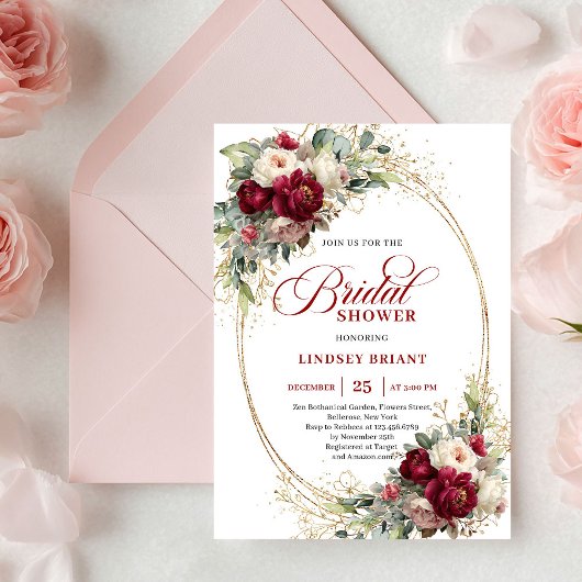 Luxury Burgundy and White Floral Bridal Shower 招待状