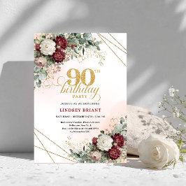 Luxury Burgundy Boho Floral Greenery 90th Birthday 招待状