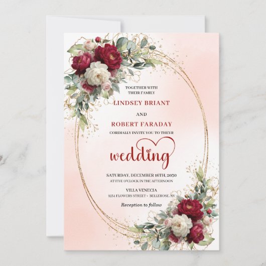 Luxury Burgundy Boho Floral Wedding Gold Invitatio 招待状 (正面)