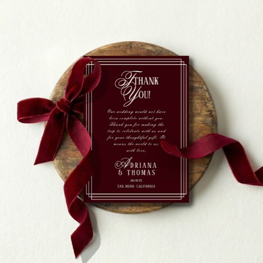 Luxury Burgundy Calligraphy Wedding サンキューカード