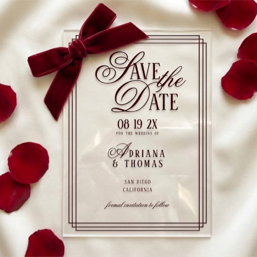 Luxury Burgundy Calligraphy Wedding Save The Date アクリル招待状