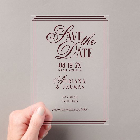 Luxury Burgundy Calligraphy Wedding Save The Date アクリル招待状 (インサイチュ (ポータブル))