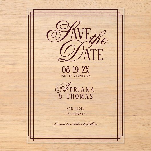 Luxury Burgundy Calligraphy Wedding Save The Date アクリル招待状 (正面)