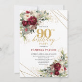 Luxury Burgundy Floral Gold 90th Birthday Invite 招待状 (正面)