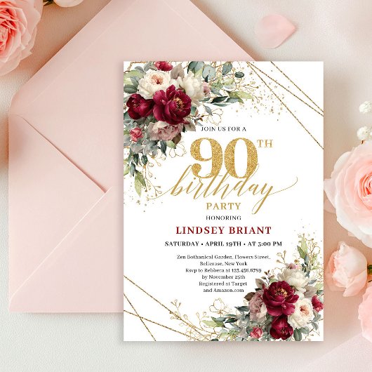 Luxury Burgundy Floral Gold 90th Birthday Invite 招待状