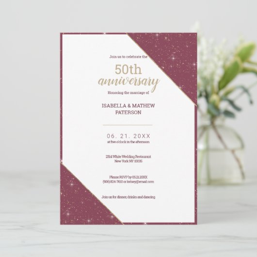 Luxury burgundy gold 50th Wedding Anniversary  招待状 (スタンド正面)