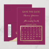 Luxury Burgundy Gold Calendar Save the Date 案内ポストカード (正面/裏面)