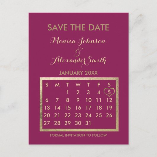 Luxury Burgundy Gold Calendar Save the Date 案内ポストカード (正面)