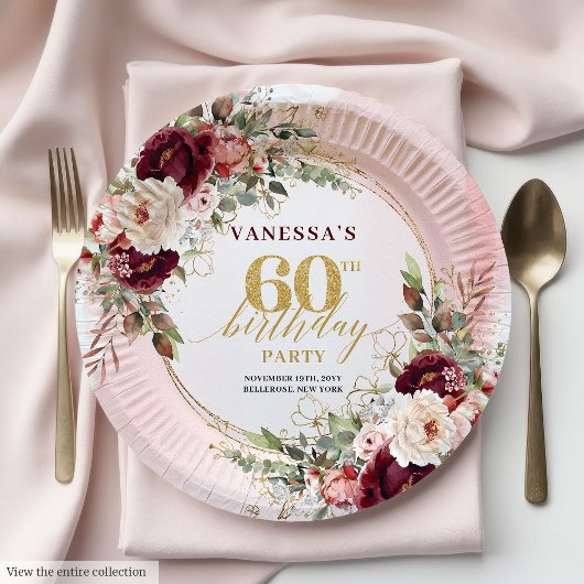 Luxury Burgundy Gold Floral 60th Birthday Boho  ペーパープレート