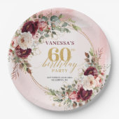 Luxury Burgundy Gold Floral 60th Birthday Boho  ペーパープレート (正面)