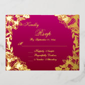 Luxury Burgundy Gold Script Wedding RSVP Card 箔招待状ポストカード (正面)