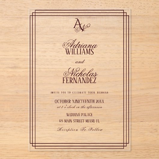 Luxury Burgundy Monogram Wedding アクリル招待状 (正面)