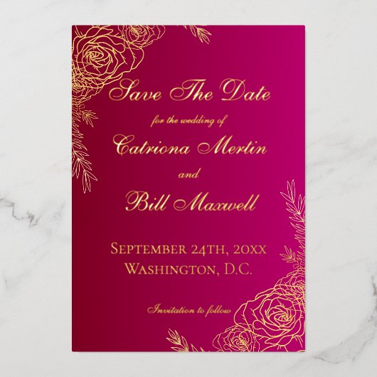 Luxury Burgundy Red and Gold Save The Date Card 箔招待状 (正面)
