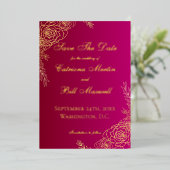 Luxury Burgundy Red and Gold Save The Date Card 箔招待状 (立ち正面)