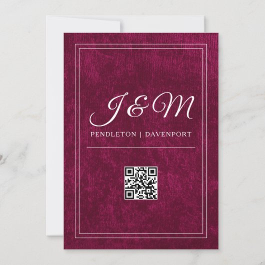 Luxury Burgundy Velvet White Monogram QR code 招待状 (裏面)