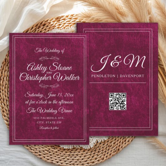 Luxury Burgundy Velvet White Monogram QR code 招待状